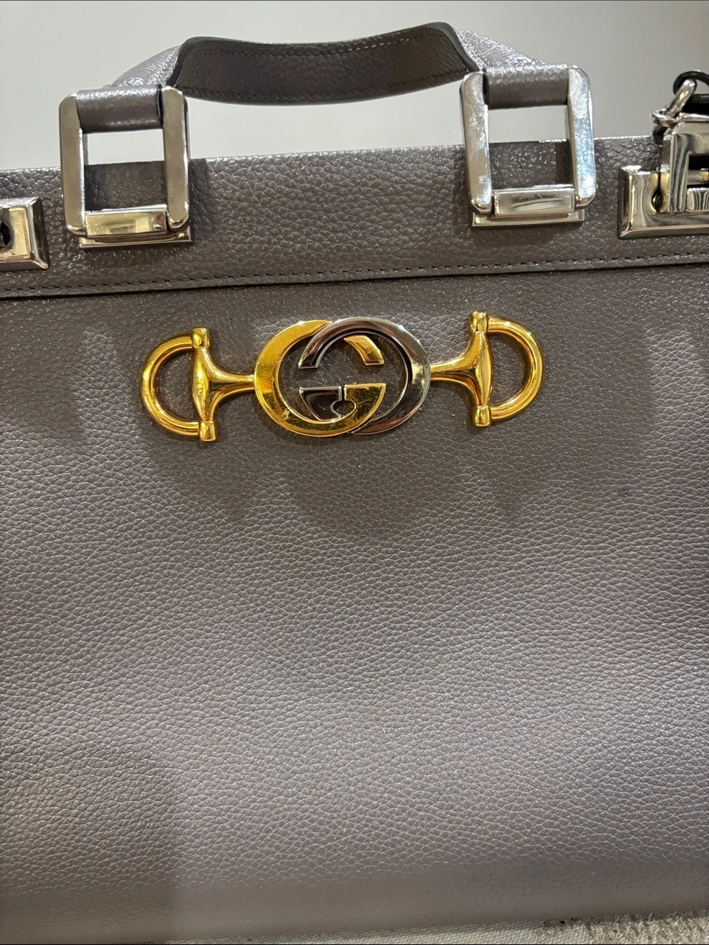 Gucci Gray Leather Satchel with Gold Horsebit Detail